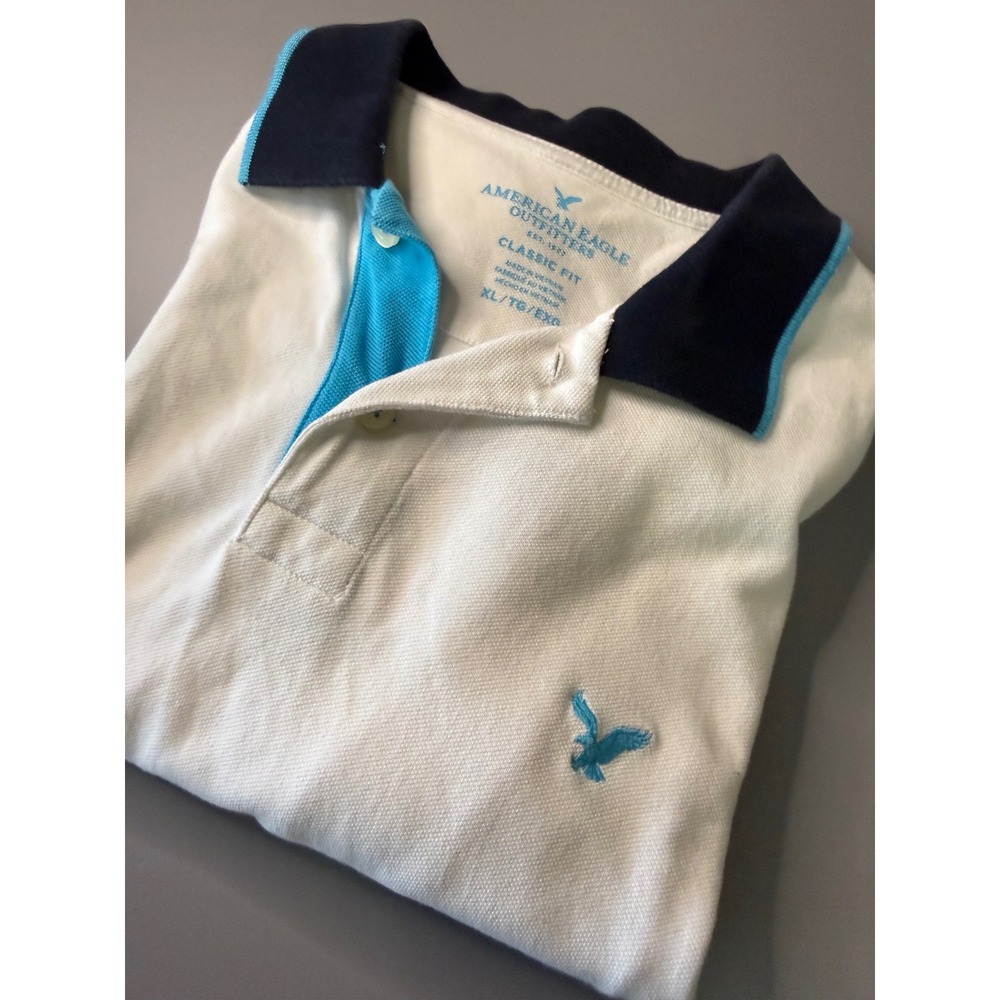 American Eagle Mens XL Classic Fit Polo Shirt White Navy Turquoise Tipped Logo